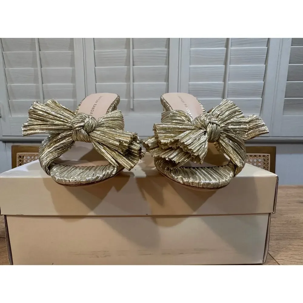 Loeffler Randall Penny Gold Pleated Bow Heel Size 6 NIB Glam Dressy Knotted Top